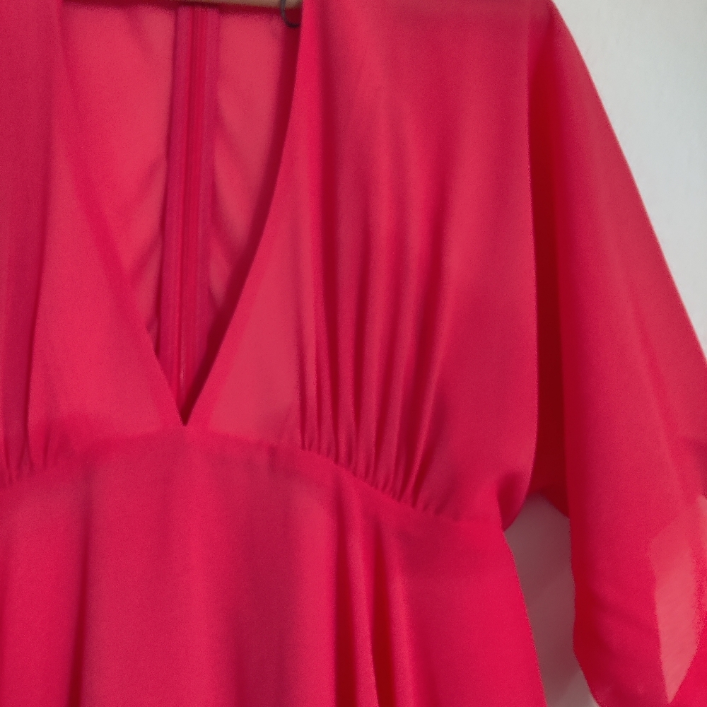 Forever 21 Front Deep V Flutter Sleeve Flowy Summer Dress Bright Coral Size L - Picture 14 of 16